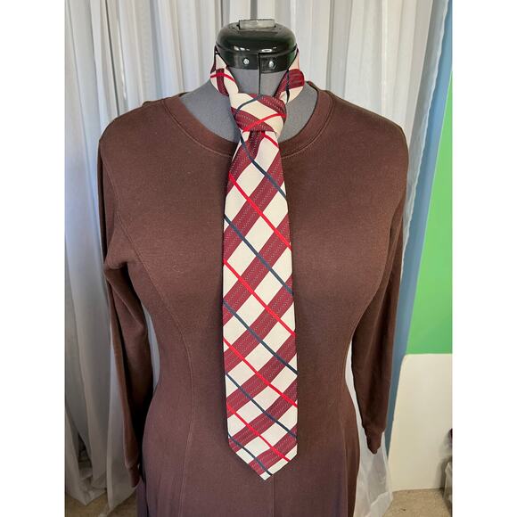 tie vintage plaid red maroon blue cream - Picture 1 of 9